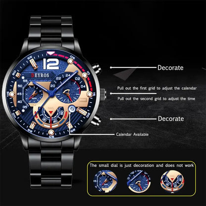 Mens Stainless Steel Watch Quartz Wristwatch Calendar Luminous