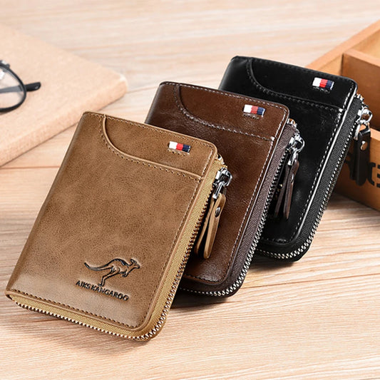 Mens Wallet Leather Card Holder Zipper RFID Protection Purse