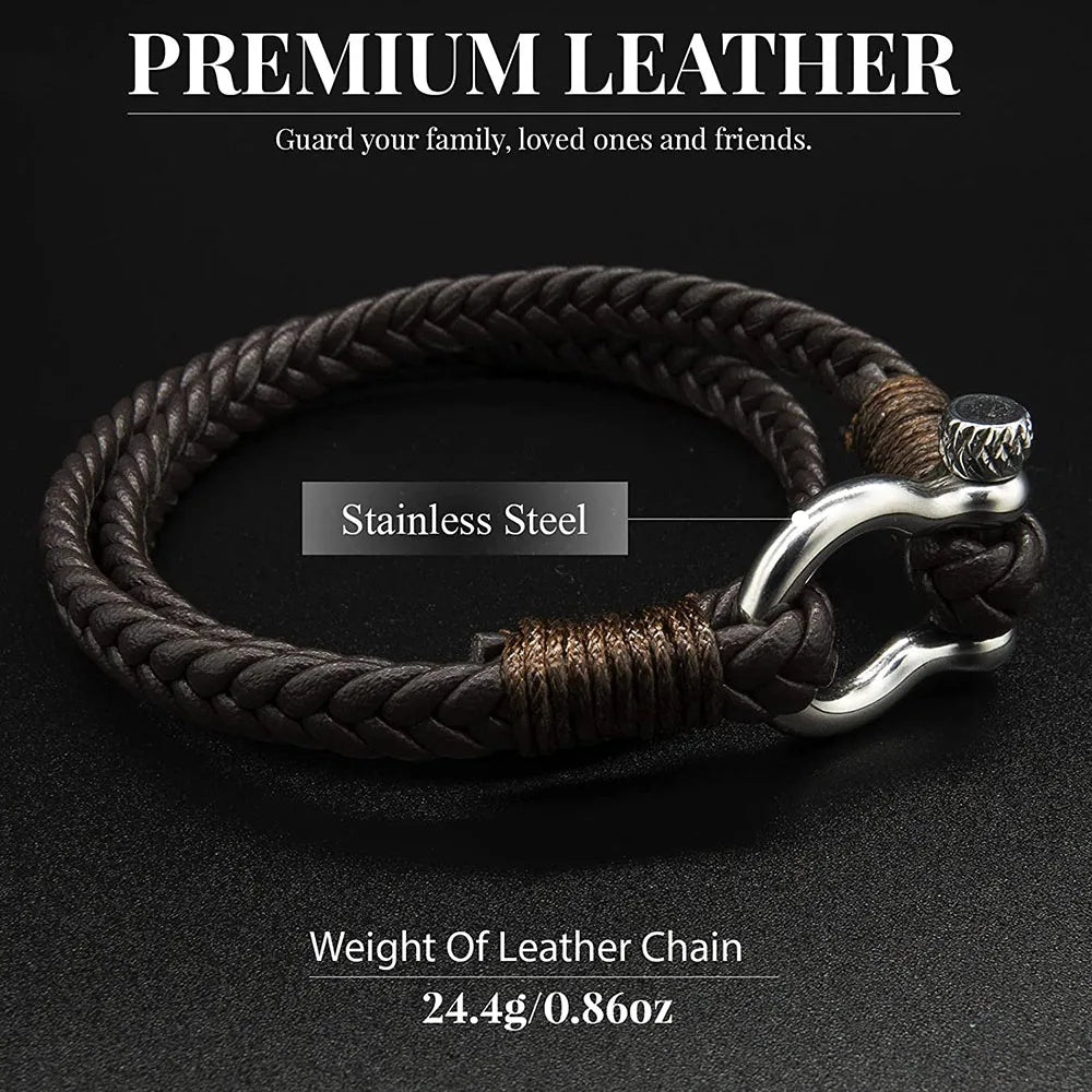 Mens Multilayer Leather Bracelet with Stainless Steel Anchor Shackle