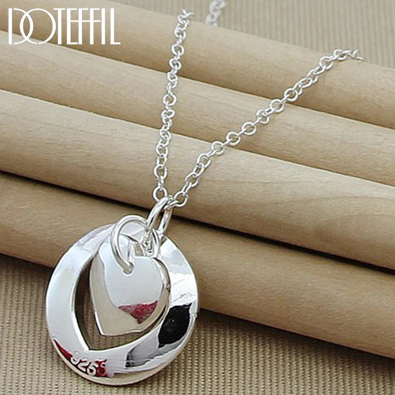 925 Sterling Silver Heart Round Pendant Necklace Chain For Woman Man