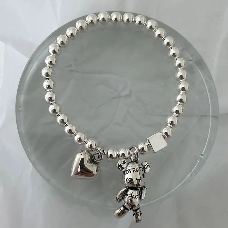 925 Sterling Silver Bracelets Womens String of Beads Cute Bear Pendant