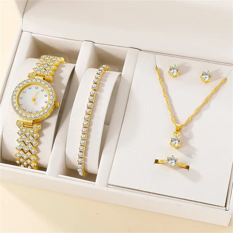 6PCS Set Watch Womens Ring Necklace Earring Bracelet