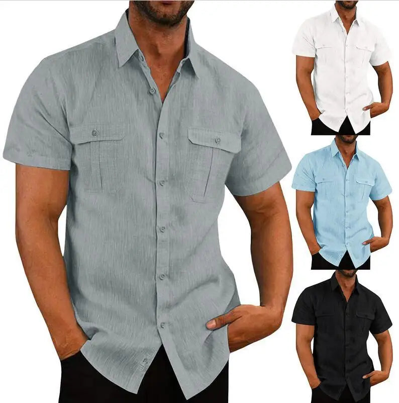 Cotton Linen Mens Short Sleeved Shirts Summer Casual Style Shirt