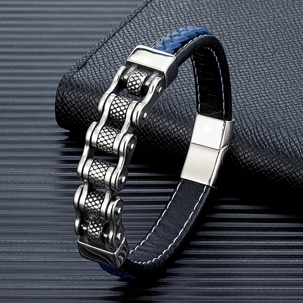 Punk Men Biker Chain Braided Leather Bracelet Stainless Steel Magnetic Buckle