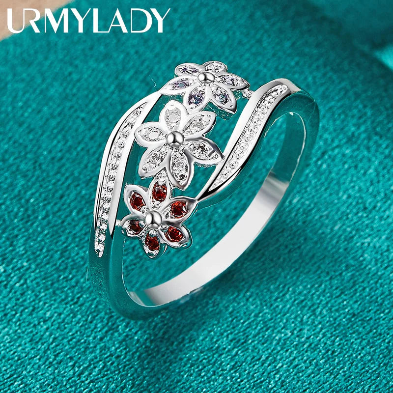 925 Sterling Silver Red Zircon Flower Ring For Women