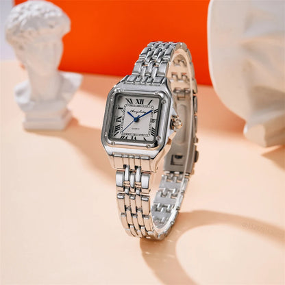 Luxury Womens Square Watch Roman Ladies Quartz Stainless Steel Wristwatch