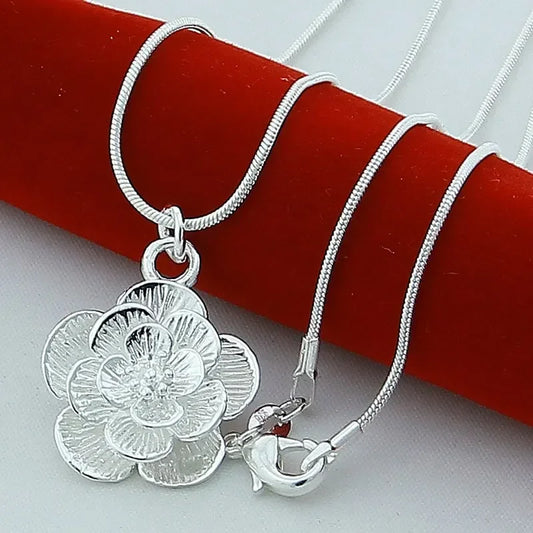 925 Sterling Silver Rose Flower Pendant Necklace For Women