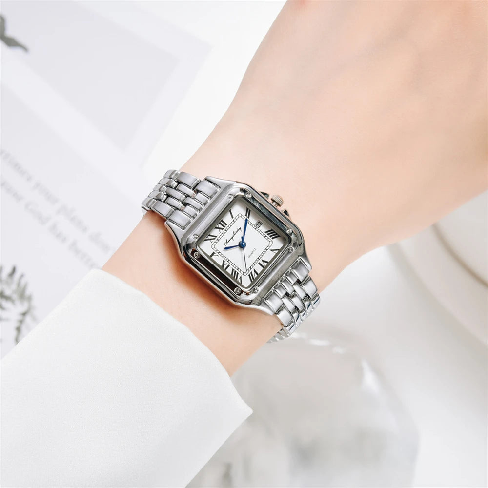 Luxury Womens Square Watch Roman Ladies Quartz Stainless Steel Wristwatch