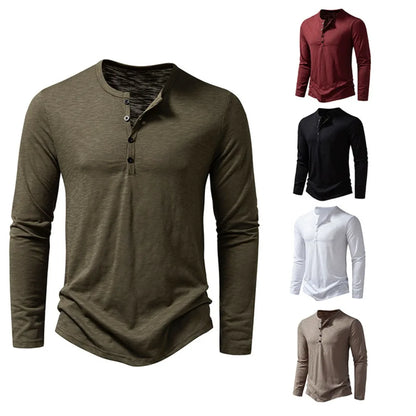 Mens Cotton Button Henley Neck Shirt Long Sleeve Casual T-Shirts