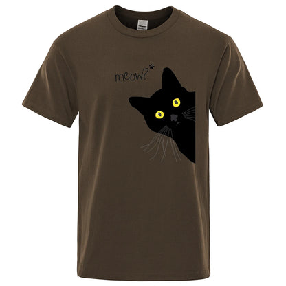 Meow Black Cat T Shirts Breathable Oversized Loose Cotton Mens Shirt