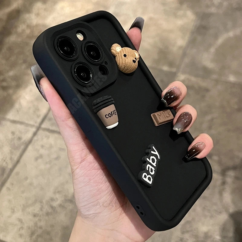 Cute 3D Bear Coffee Cartoon Silicone Case For Iphone 15 14 13 12 11