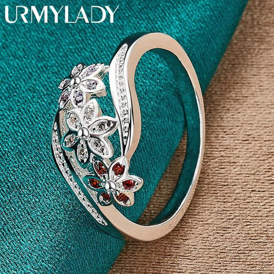 925 Sterling Silver Red Zircon Flower Ring For Women