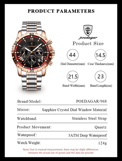 Quartz Mens Watch Waterproof Luminous Chronograph Date Stainless Steel