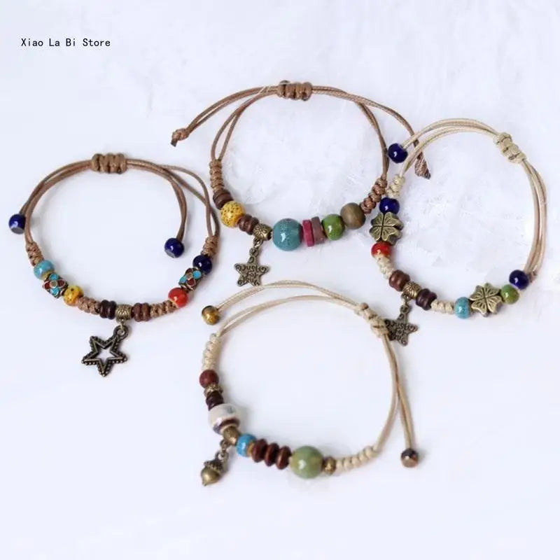 Fashionable Bracelet Ethnic Ceramic Beaded Bangles Woven Strings