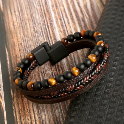 Mens Leather Bracelet Tiger Eye Beaded