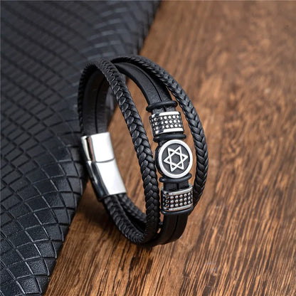 Vintage Norse Hexagram Leather Amulet Bracelet For Men