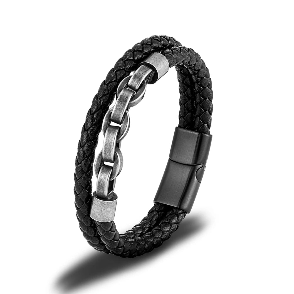 Locomotive Men Punk Rock Bicycle Chain Leather Bracelet