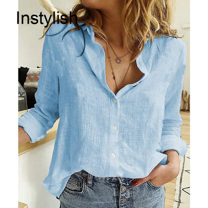 Womens Casual Long Sleeve Cotton Linen Loose Shirt