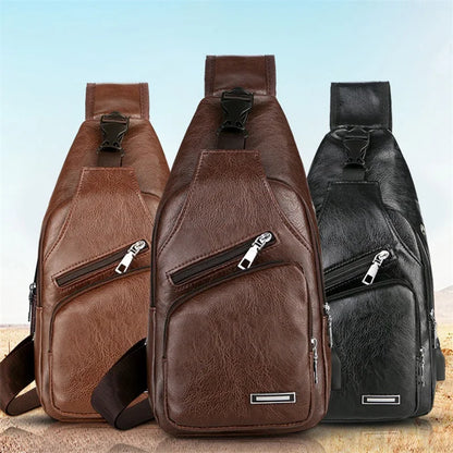 USB Charging Chest Bag Headset Hole Mens Crossbody