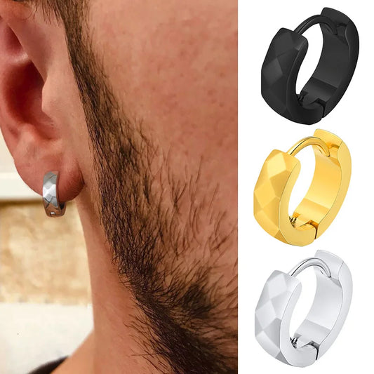 Geometric Huggie Hoop Earrings for Men Stainless Steel Circular Round