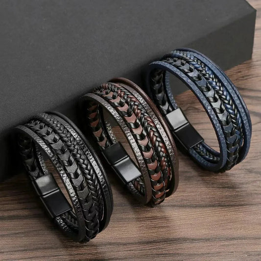 Mens Multi Layered Vintage Leather Rope Braided Bracelet