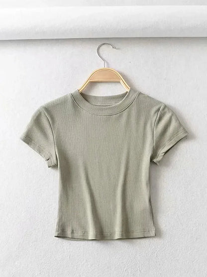 Womens O Neck Short Sleeve T-Shirt Slim Elastic Skinny Crop Tops