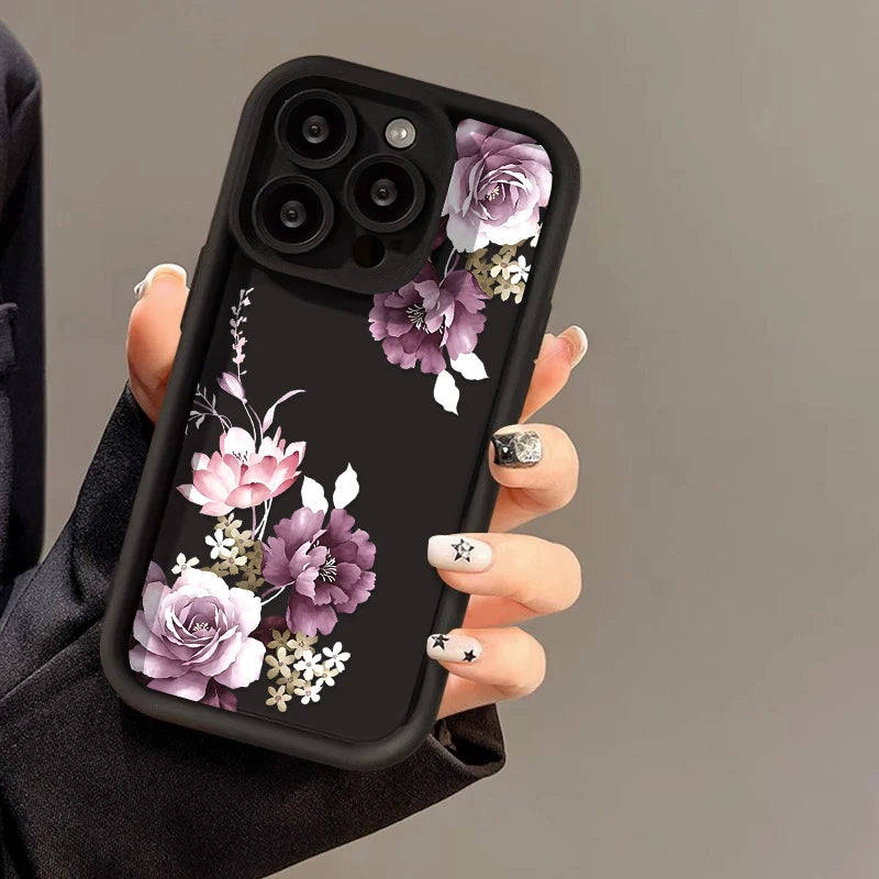 Purple Peony Soft Silicone Phone Bumper Case For iPhone 16 15 14 13