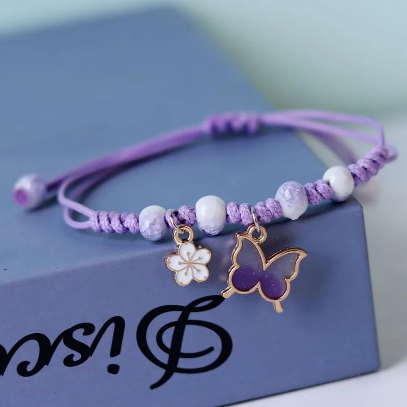 Handmade Butterfly Flower Womens Charm Pendant Braided Bracelet