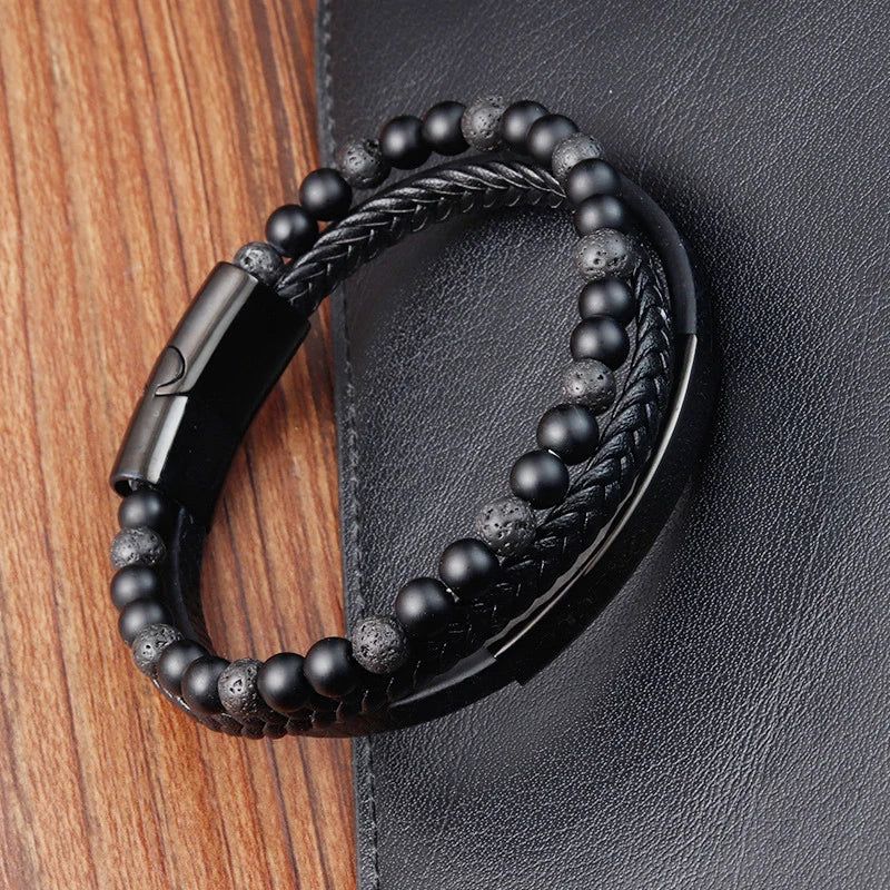 Charm Braid Rope Leather Bracelet For Mens Stainless Steel Magnetic Buckle