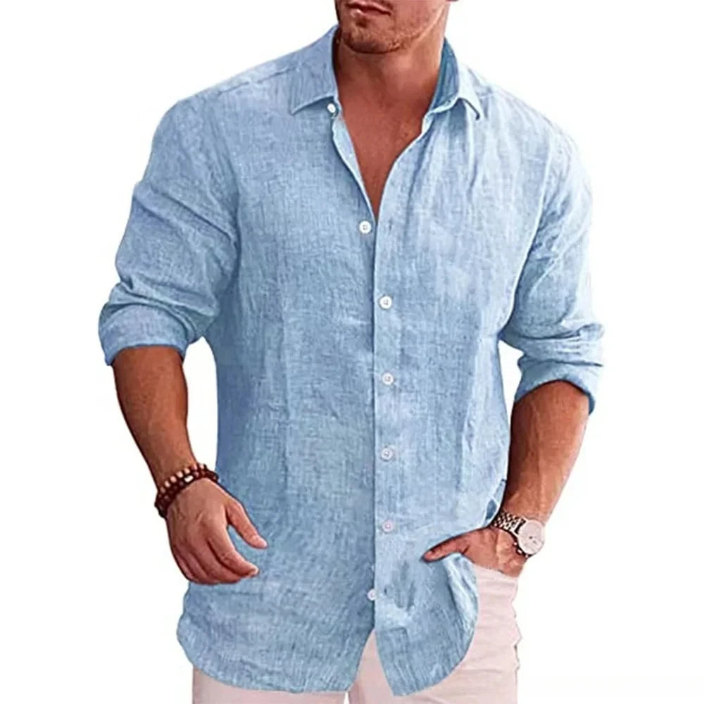 Cotton Linen Mens Long Sleeve Shirt Solid Color Casual Style