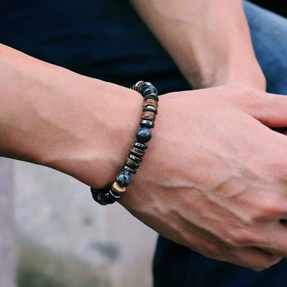 Mens Bracelet Natural Stone Hematite Tiger Eyes Wooden Bracelets