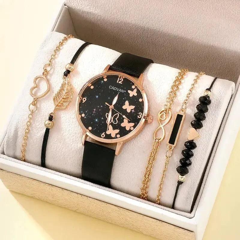 Ladies Starry Sky Butterfly Dial Quartz Watch Bracelets Set