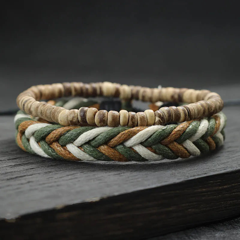 Mens Natural Wood Weaven Macrame Tiger Eyes Stone Bracelet