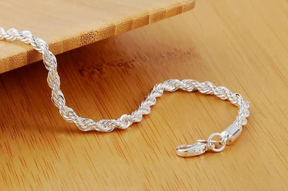 925 Sterling Silver Bracelet for Unisex 4MM Twisted Rope Chain