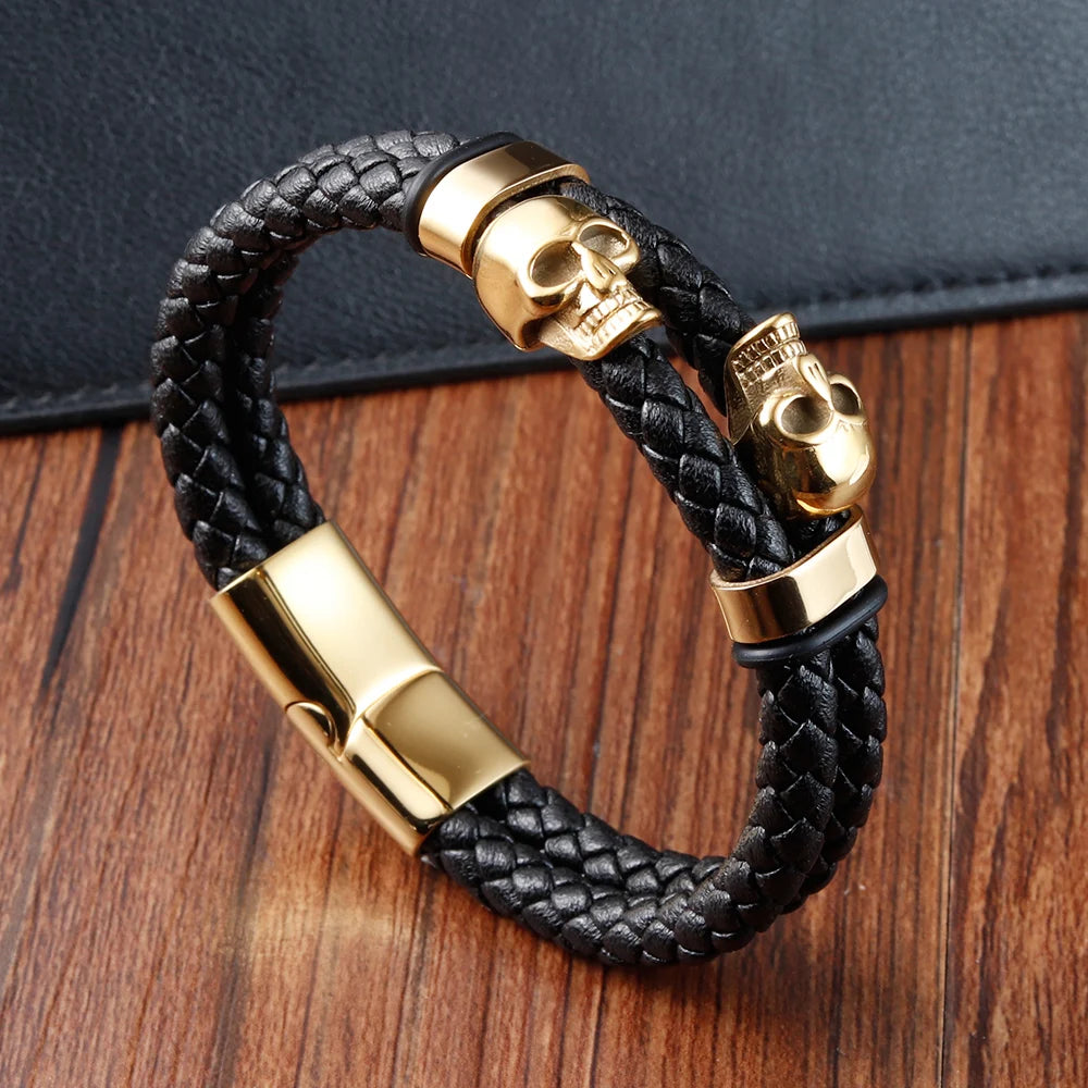 Stainless Steel Cool Skull Braided Mens Leather Bracelet