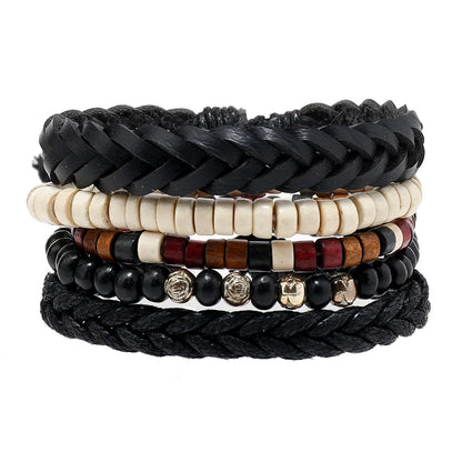 4pcs Set Braided Wrap Leather Mens Bracelet Ethnic Tribal Wristband