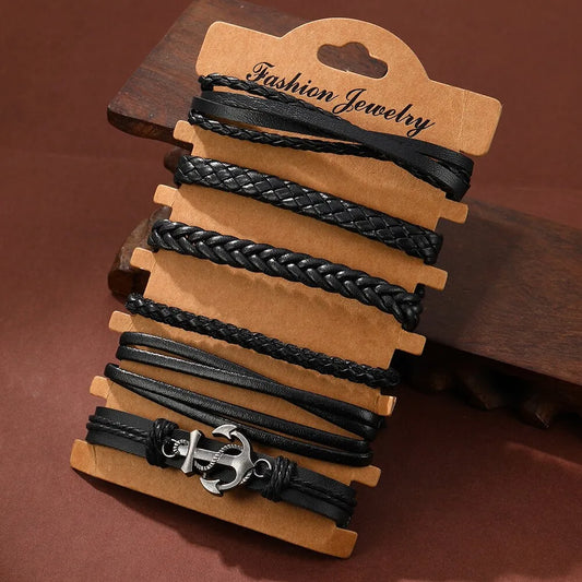 6pcs Set Mens Vintage Braided Leather Bracelet