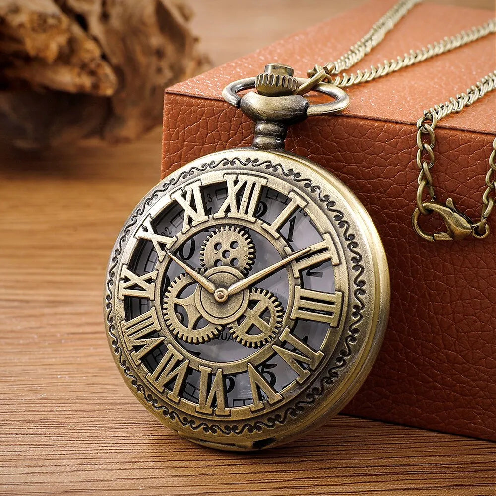 Roman Numerals Quartz Pocket Watch Bronze Case Necklace Pendant