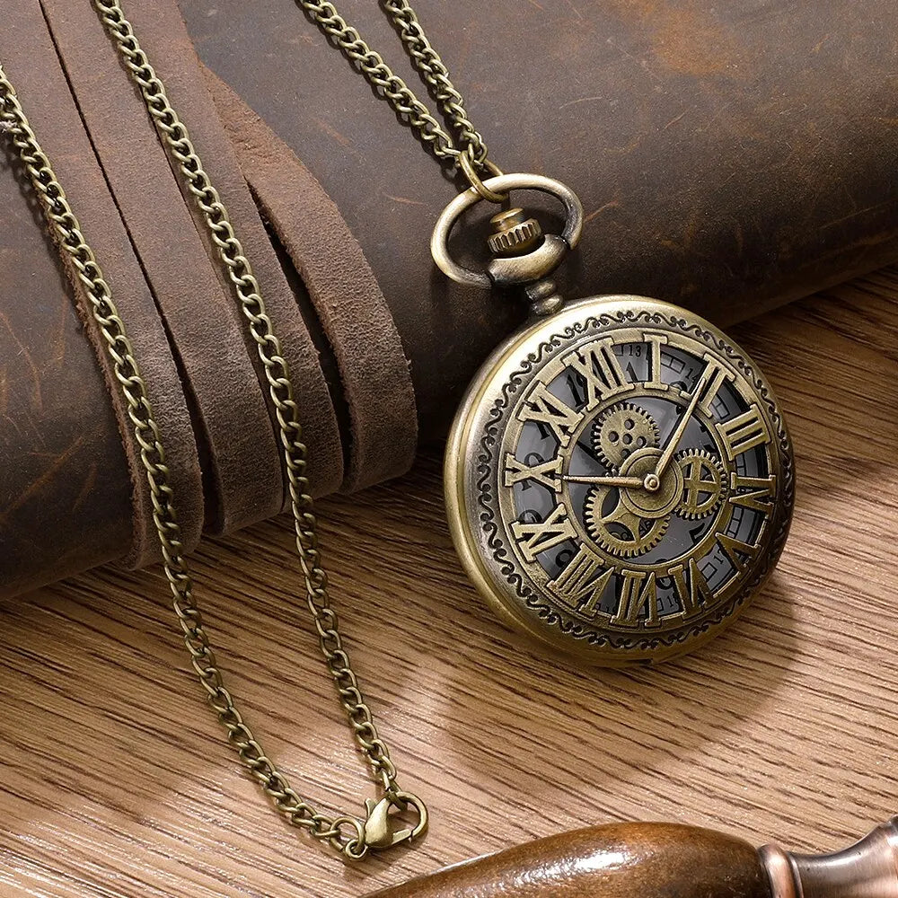 Roman Numerals Quartz Pocket Watch Bronze Case Necklace Pendant