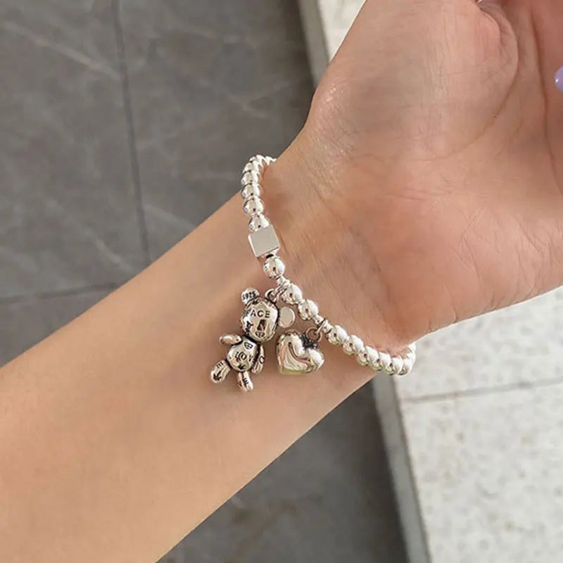 925 Sterling Silver Bracelets Womens String of Beads Cute Bear Pendant