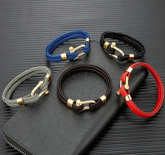 Navy Style Men U shape Shackle Woven Multilayer Leather Bracelets