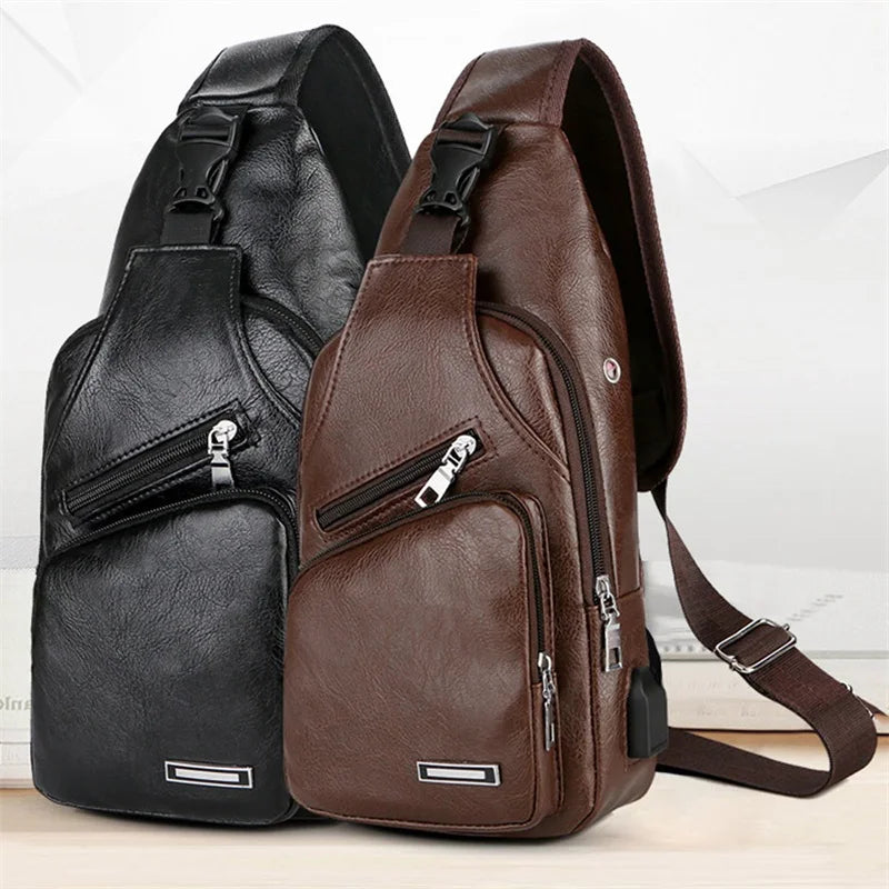 USB Charging Chest Bag Headset Hole Mens Crossbody