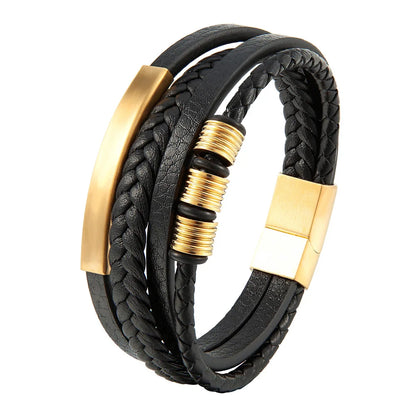 Charm Braid Rope Leather Bracelet For Mens Stainless Steel Magnetic Buckle