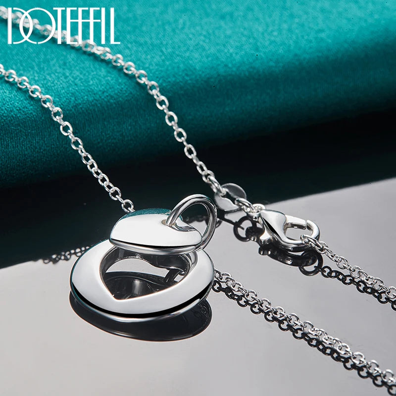 925 Sterling Silver Heart Round Pendant Necklace Chain For Woman Man