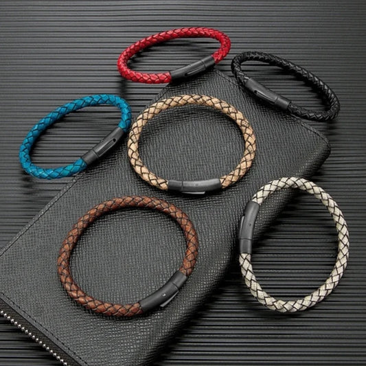 Minimalist Men Genuine Braided Leather Bracelet Magnetic Buckle