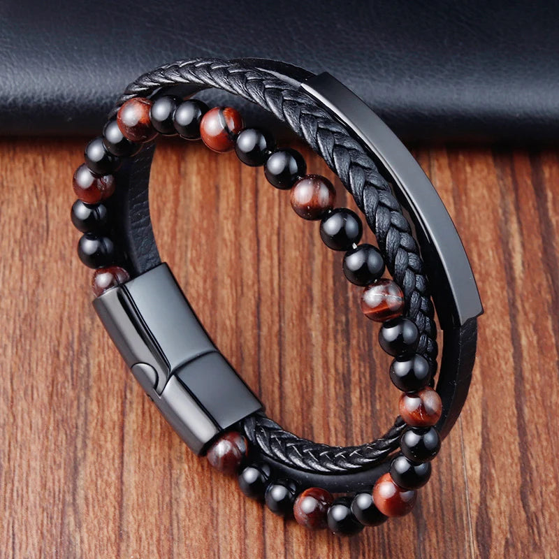 Charm Braid Rope Leather Bracelet For Mens Stainless Steel Magnetic Buckle