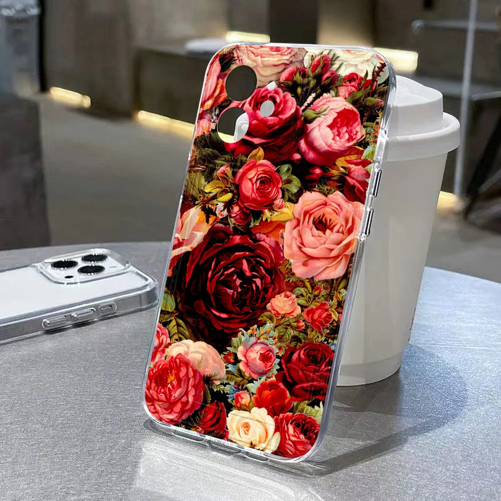 Rose Flower Clear Phone Case For iPhone 16 15 14 Pro Max Shockproof