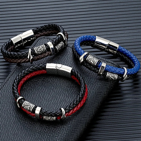 Punk Viking Style Stainless Steel Beads Braided Multilayer Leather Bracelet