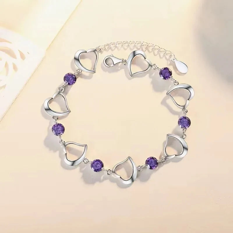 925 Sterling Silver Purple Crystal Lucky Clover Womens Bracelets