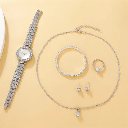 6PCS Set Watch Womens Ring Necklace Earring Bracelet